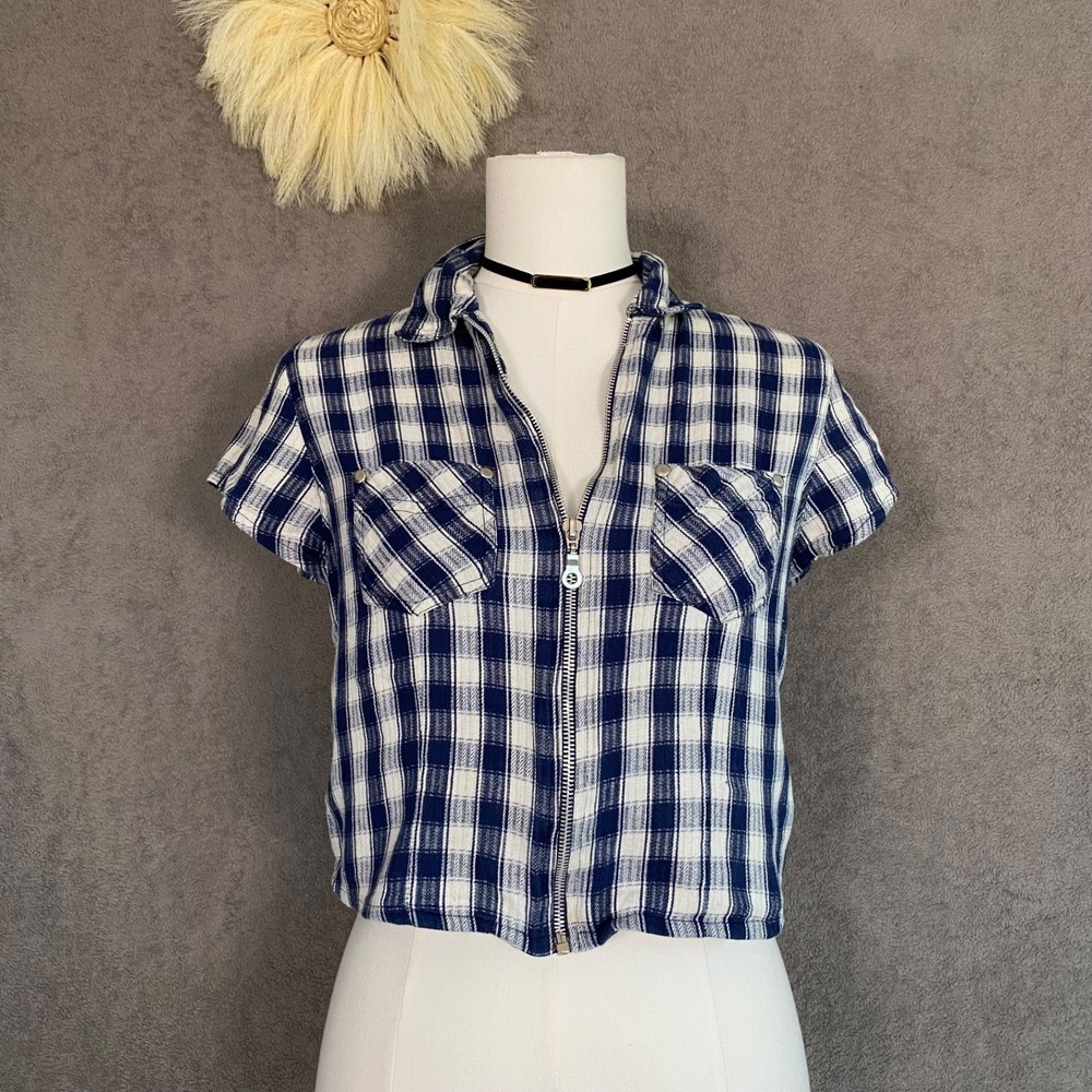 Vintage Denim Republic Womens Zip Up‎ Y2K Preppy Plaid Top Size M Boxy Boho